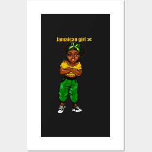 Jamaican girl with crossed arms and colours of Jamaican flag in black green and gold inside a heart shape Posters and Art